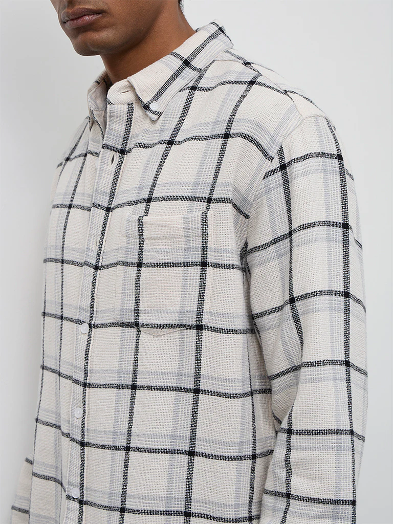 WES Casuals Off-White Checkered Relaxed-Fit Cotton Shirt - Image 3