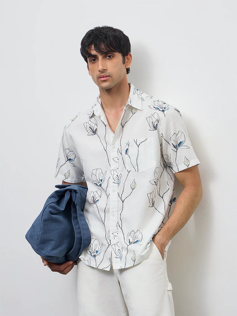 WES Casuals Off-White Floral Relaxed-Fit Cotton-Blend Shirt
