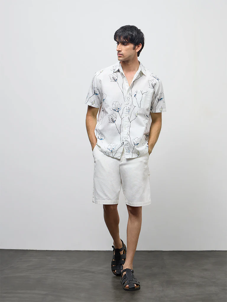 WES Casuals Off-White Floral Relaxed-Fit Cotton-Blend Shirt - Image 2