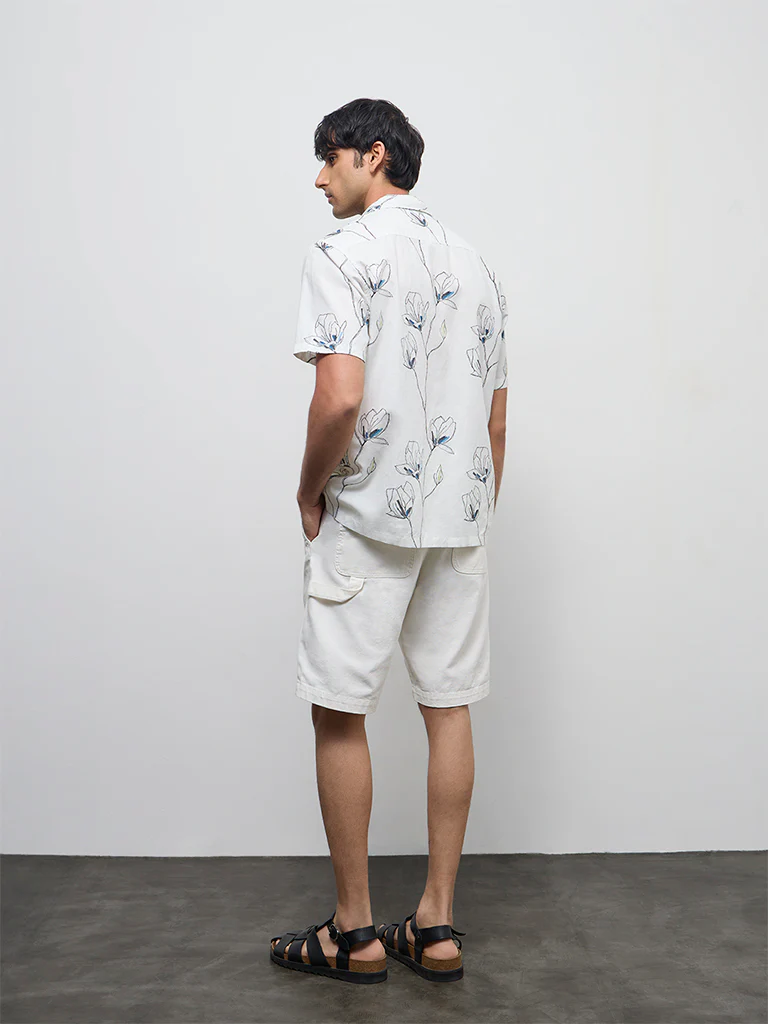 WES Casuals Off-White Floral Relaxed-Fit Cotton-Blend Shirt - Image 4