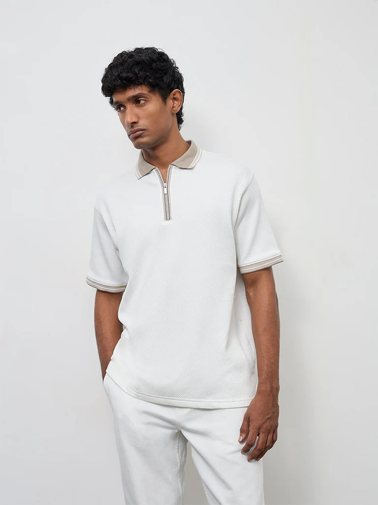 WES Casuals Off-White Relaxed-Fit Cotton-Blend Quarter-Zip Polo T-Shirt