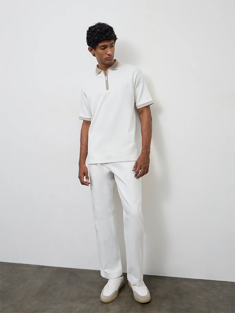 WES Casuals Off-White Relaxed-Fit Cotton-Blend Quarter-Zip Polo T-Shirt - Image 3