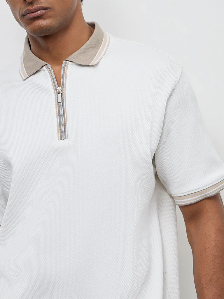 WES Casuals Off-White Relaxed-Fit Cotton-Blend Quarter-Zip Polo T-Shirt - Image 4