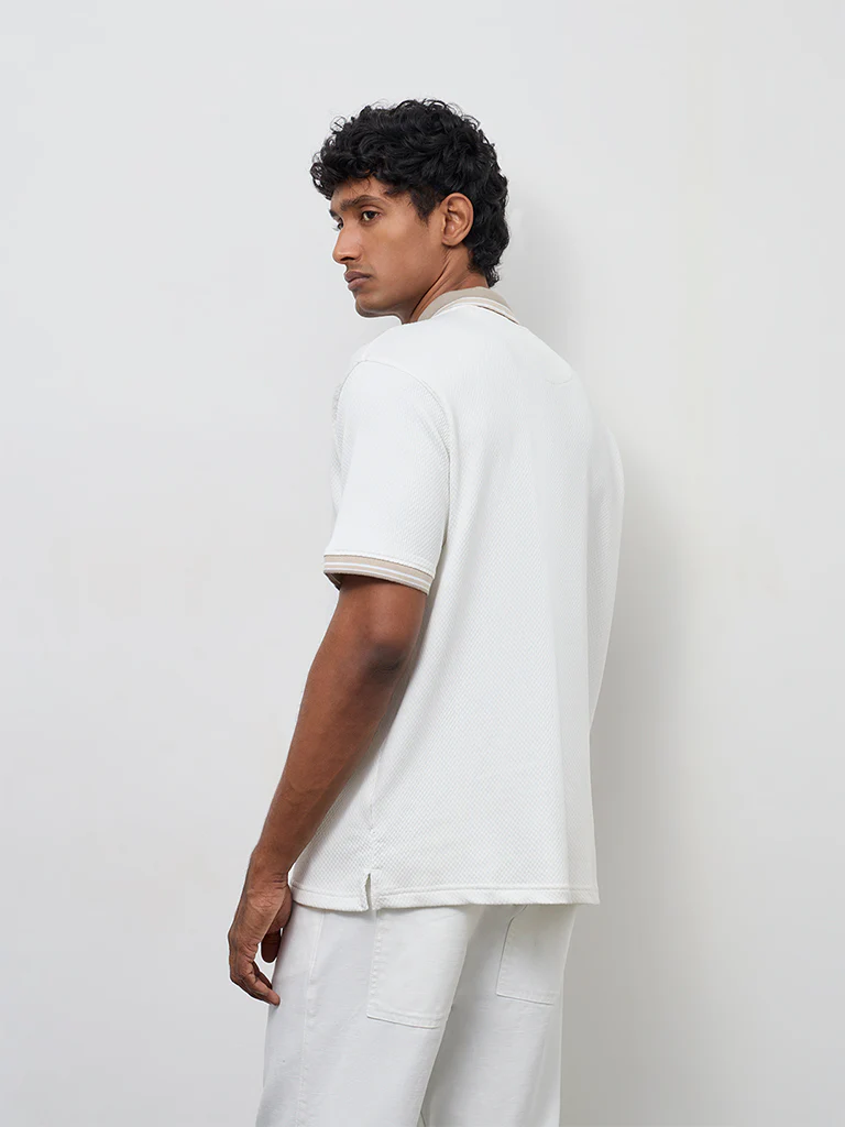 WES Casuals Off-White Relaxed-Fit Cotton-Blend Quarter-Zip Polo T-Shirt - Image 5