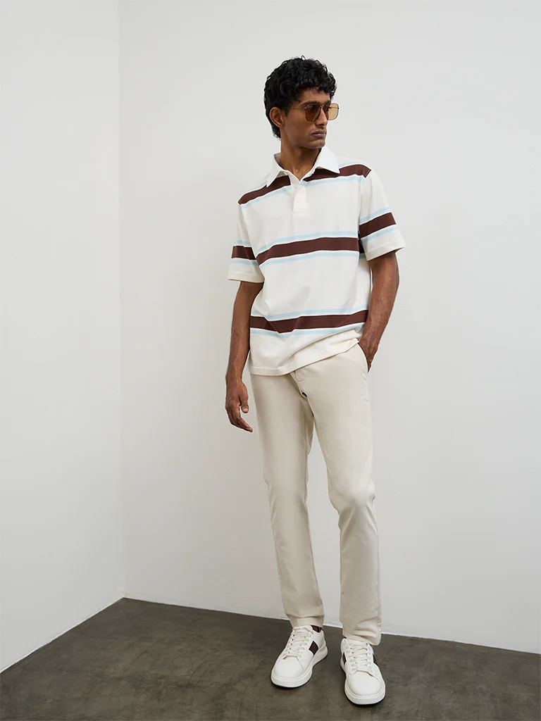 WES Casuals Off-White Relaxed-Fit Cotton Polo T-Shirt