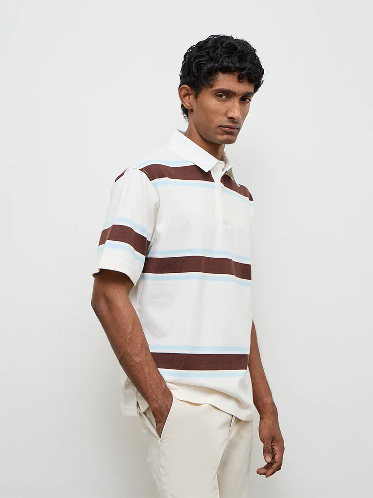 WES Casuals Off-White Relaxed-Fit Cotton Polo T-Shirt - Image 2