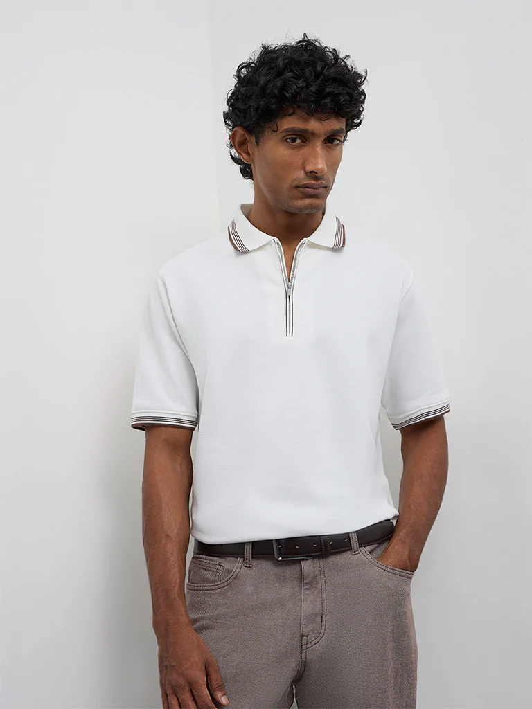 WES Casuals Off-White Relaxed-Fit Quarter-Zip Polo T-Shirt