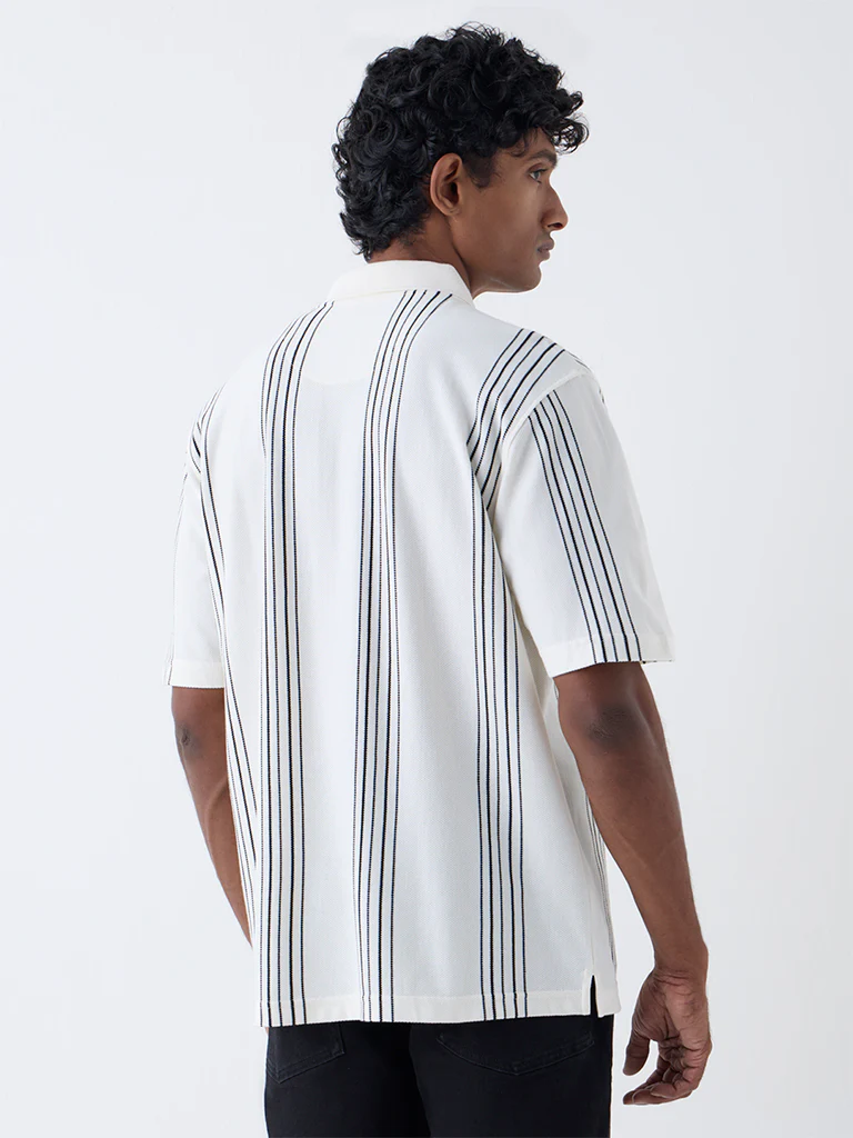 WES Casuals Off-White Relaxed Fit Three-Quarter Zip Polo T-Shirt - Image 5