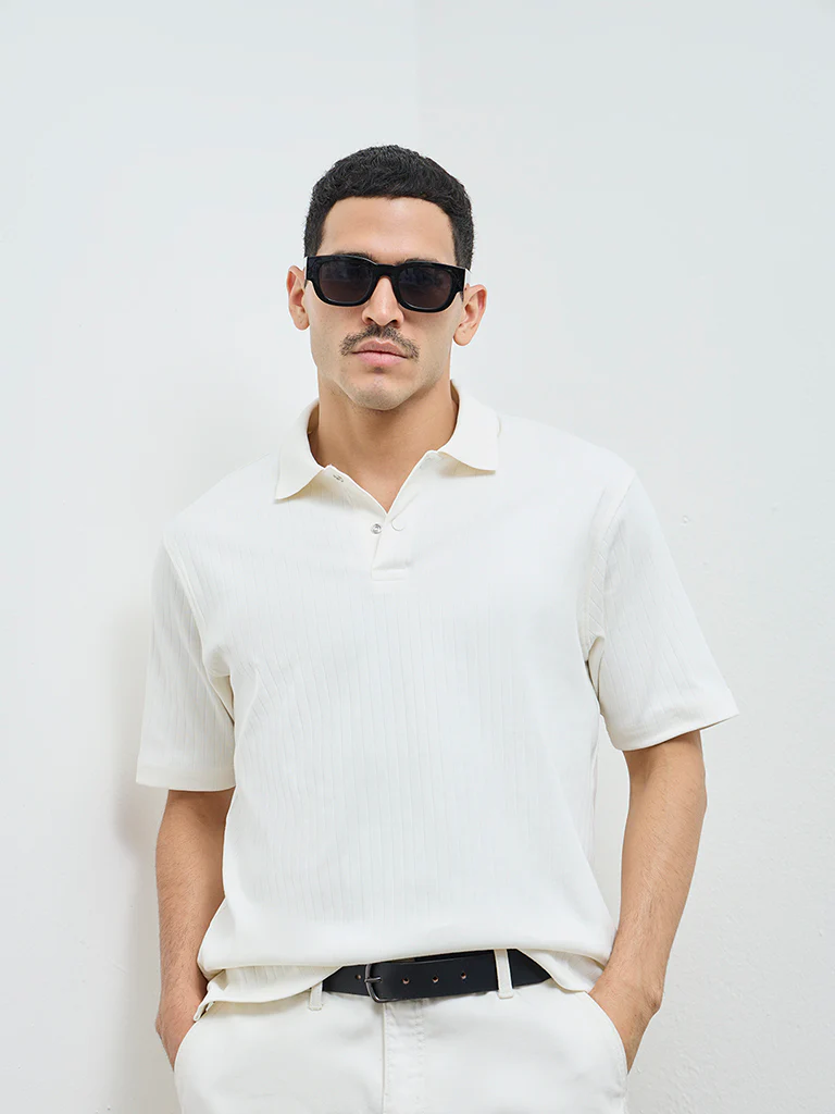 WES Casuals Off-White Self-Striped Slim-Fit Cotton-Blend Polo T-Shirt