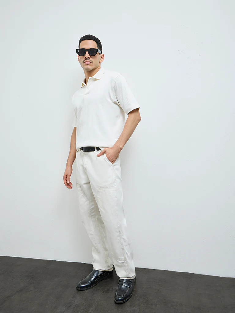 WES Casuals Off-White Self-Striped Slim-Fit Cotton-Blend Polo T-Shirt - Image 3