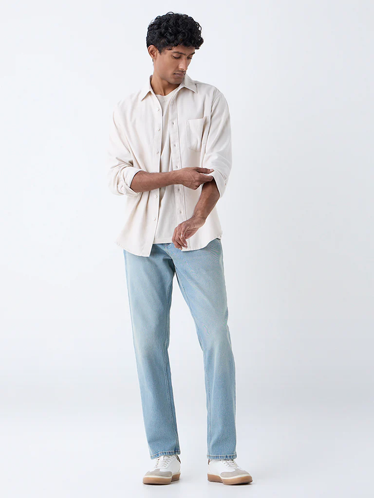 WES Casuals Off-White Solid Relaxed-Fit Cotton Shirt