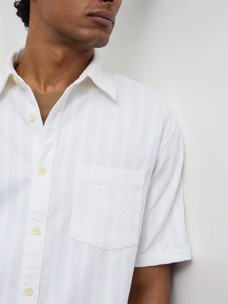 WES Casuals Off-White Stripe Textured Relaxed-Fit Cotton Shirt - Image 4