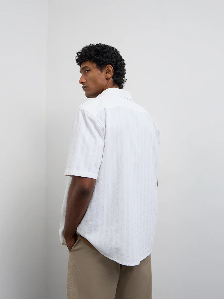 WES Casuals Off-White Stripe Textured Relaxed-Fit Cotton Shirt - Image 5