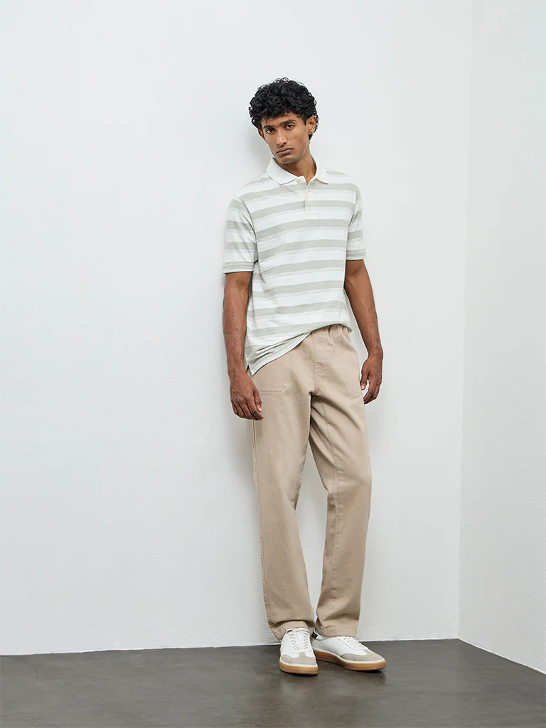 WES Casuals Off-White Striped Relaxed Fit Cotton-Blend Polo T-Shirt