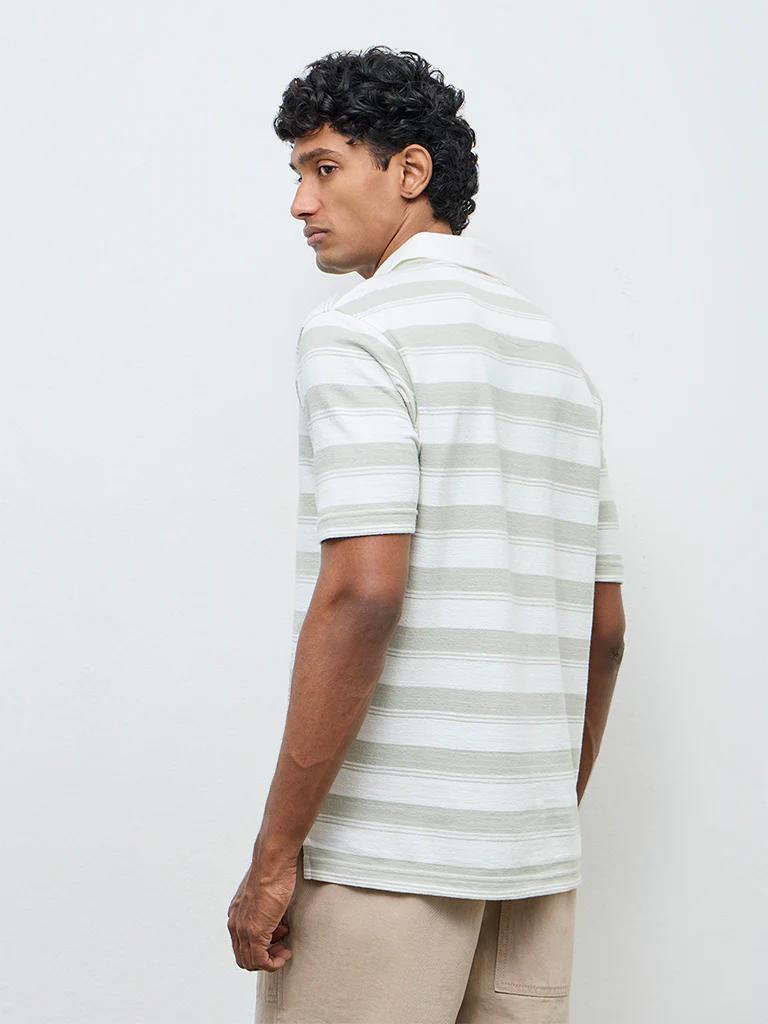 WES Casuals Off-White Striped Relaxed Fit Cotton-Blend Polo T-Shirt - Image 5