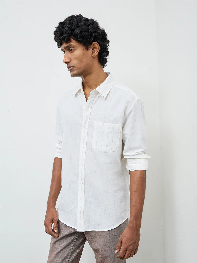 WES Casuals Off-White Striped Relaxed-Fit Cotton-Blend Shirt - Image 2