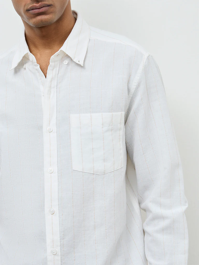 WES Casuals Off-White Striped Relaxed-Fit Cotton-Blend Shirt - Image 3