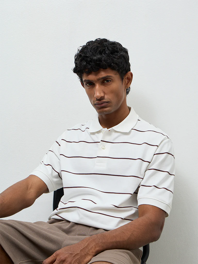WES Casuals Off-White Striped Relaxed-Fit Cotton Polo T-Shirt