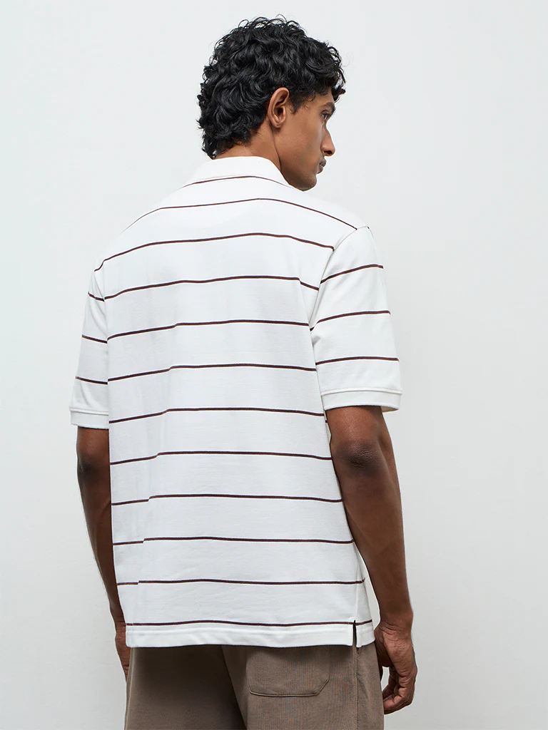 WES Casuals Off-White Striped Relaxed-Fit Cotton Polo T-Shirt - Image 5