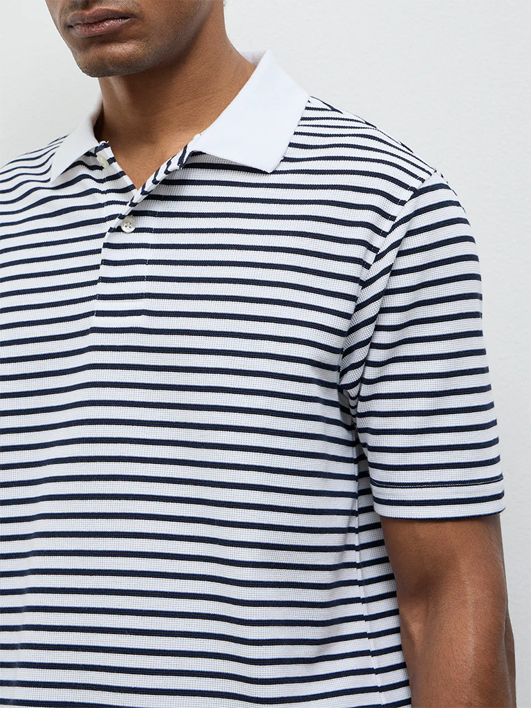 WES Casuals Off-White Striped Relaxed-Fit Polo T-Shirt - Image 4