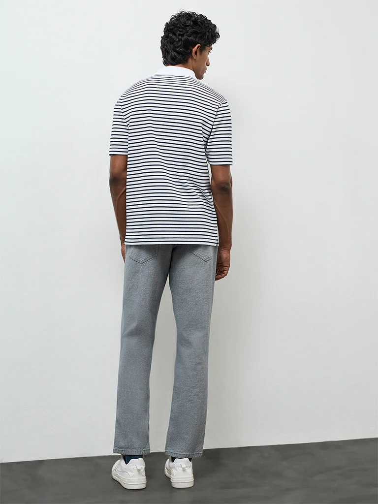WES Casuals Off-White Striped Relaxed-Fit Polo T-Shirt - Image 5