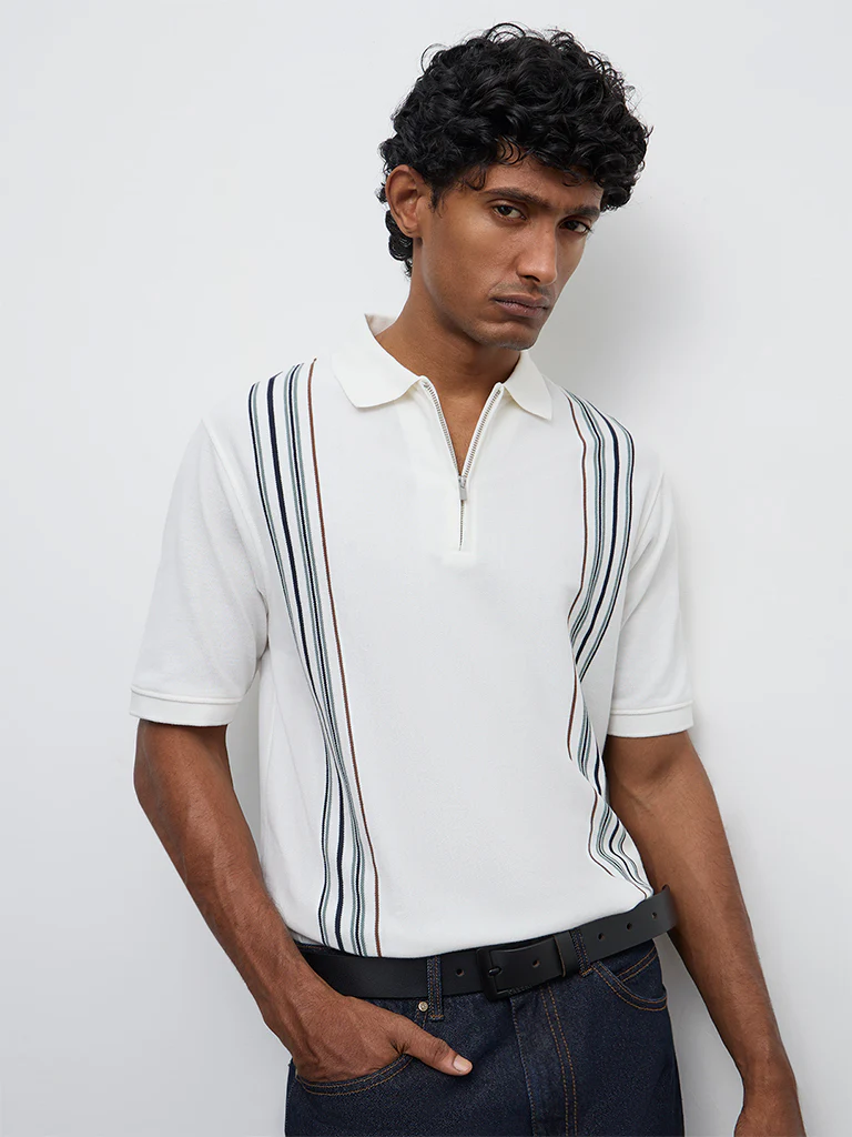 WES Casuals Off-White Striped Relaxed Fit Quarter-Zip Polo T-Shirt