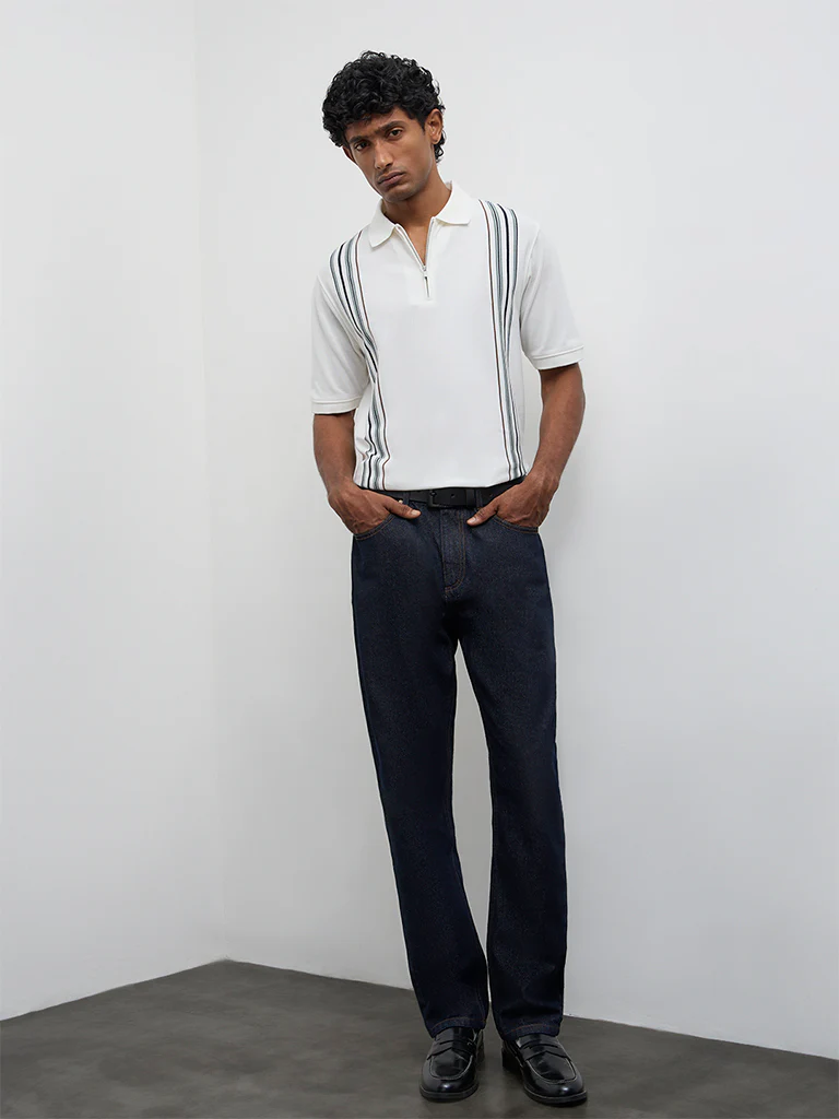 WES Casuals Off-White Striped Relaxed Fit Quarter-Zip Polo T-Shirt - Image 3