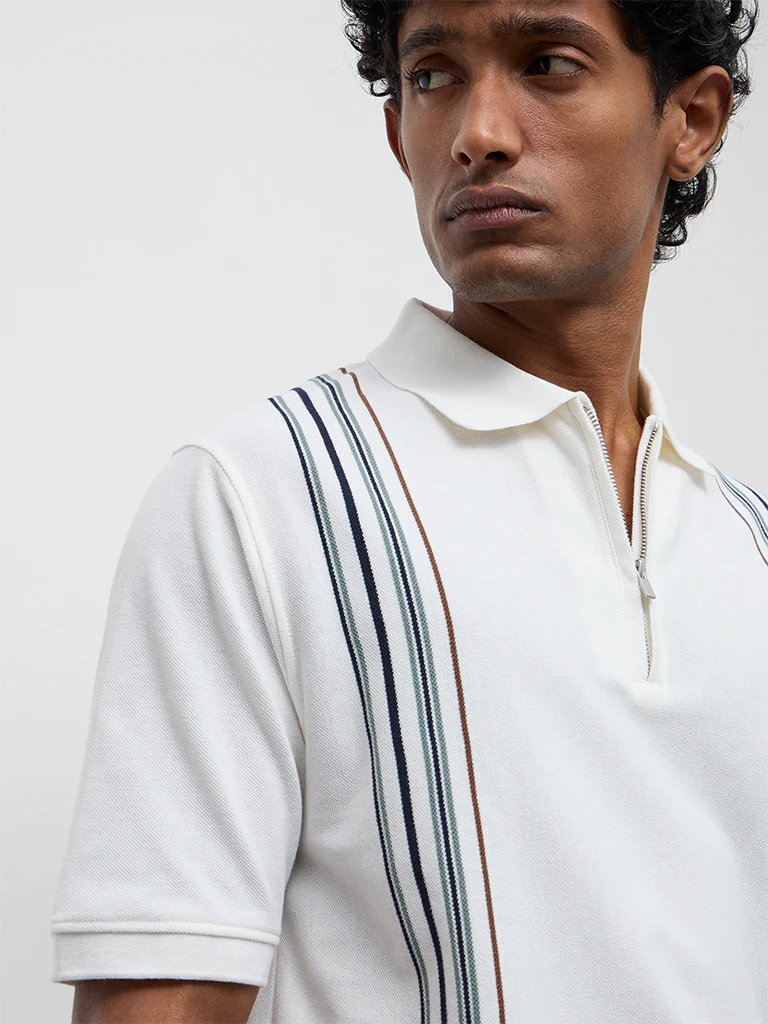 WES Casuals Off-White Striped Relaxed Fit Quarter-Zip Polo T-Shirt - Image 4