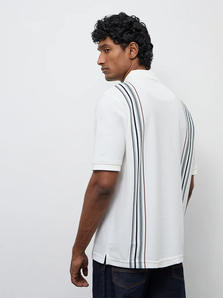 WES Casuals Off-White Striped Relaxed Fit Quarter-Zip Polo T-Shirt - Image 5