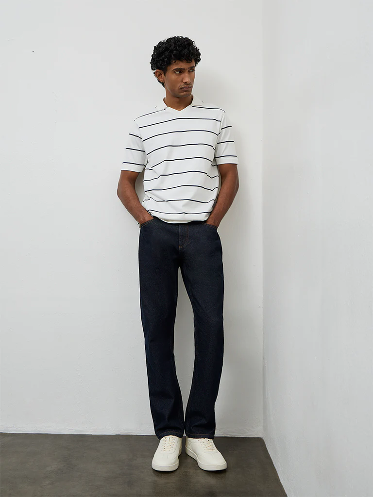WES Casuals Off-White Striped Relaxed Fit T-Shirt - Image 2