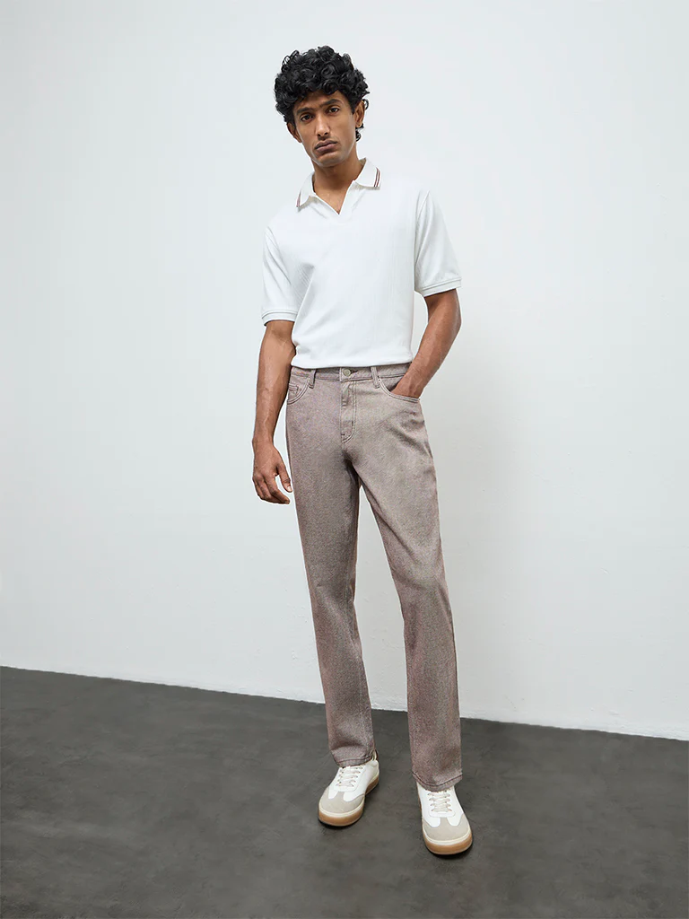 WES Casuals Off-White Textured Relaxed-Fit Cotton-Blend Polo T-Shirt - Image 3