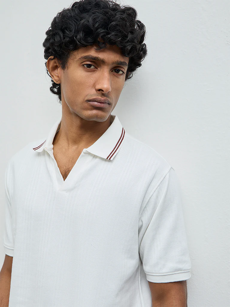 WES Casuals Off-White Textured Relaxed-Fit Cotton-Blend Polo T-Shirt - Image 4