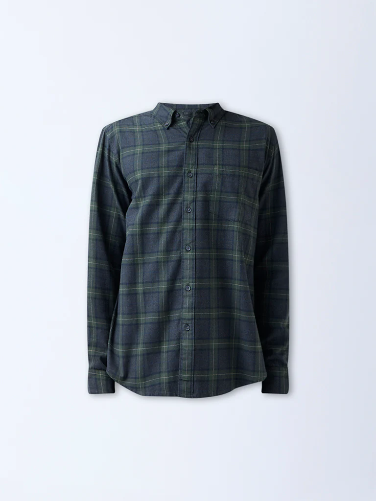 WES Casuals Olive Check Pattern Relaxed-Fit Cotton-Blend Shirt - Image 5