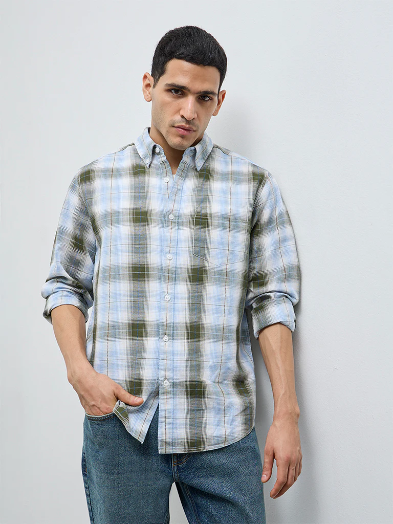 WES Casuals Olive Check Relaxed-Fit Cotton-Blend Shirt - Image 2