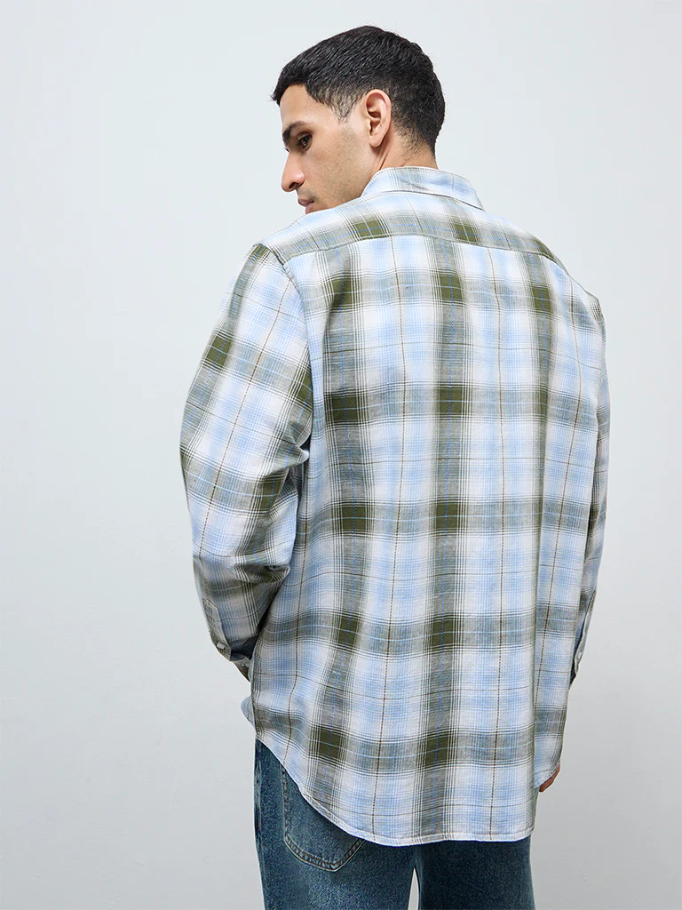WES Casuals Olive Check Relaxed-Fit Cotton-Blend Shirt - Image 4