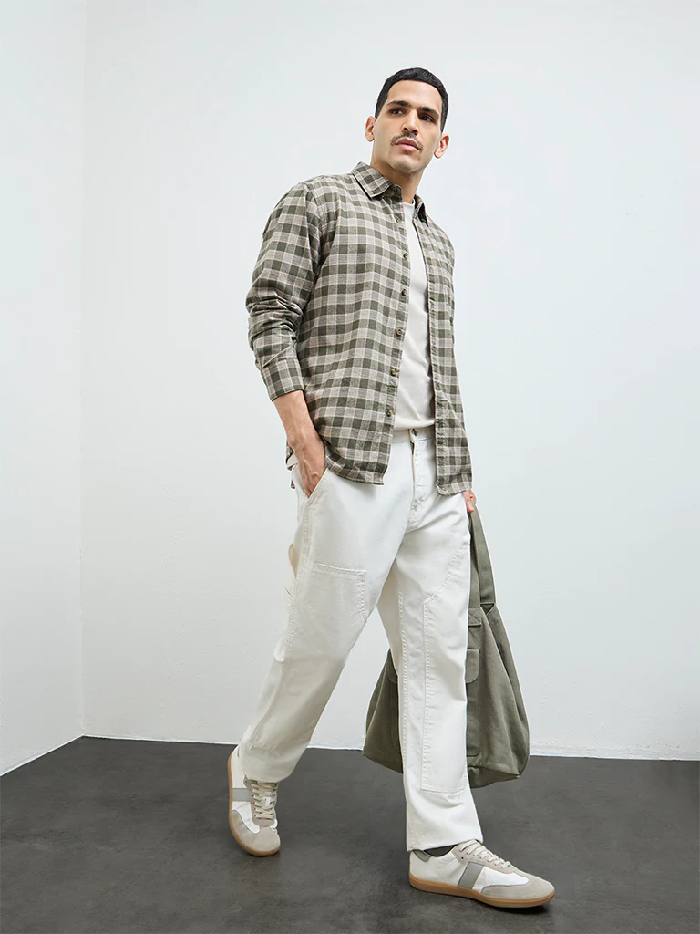 WES Casuals Olive Checkered Relaxed-Fit Cotton Shirt