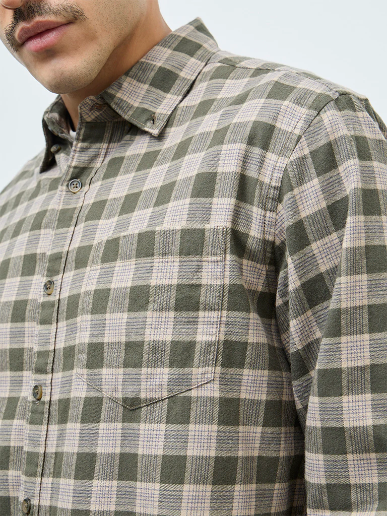 WES Casuals Olive Checkered Relaxed-Fit Cotton Shirt - Image 3