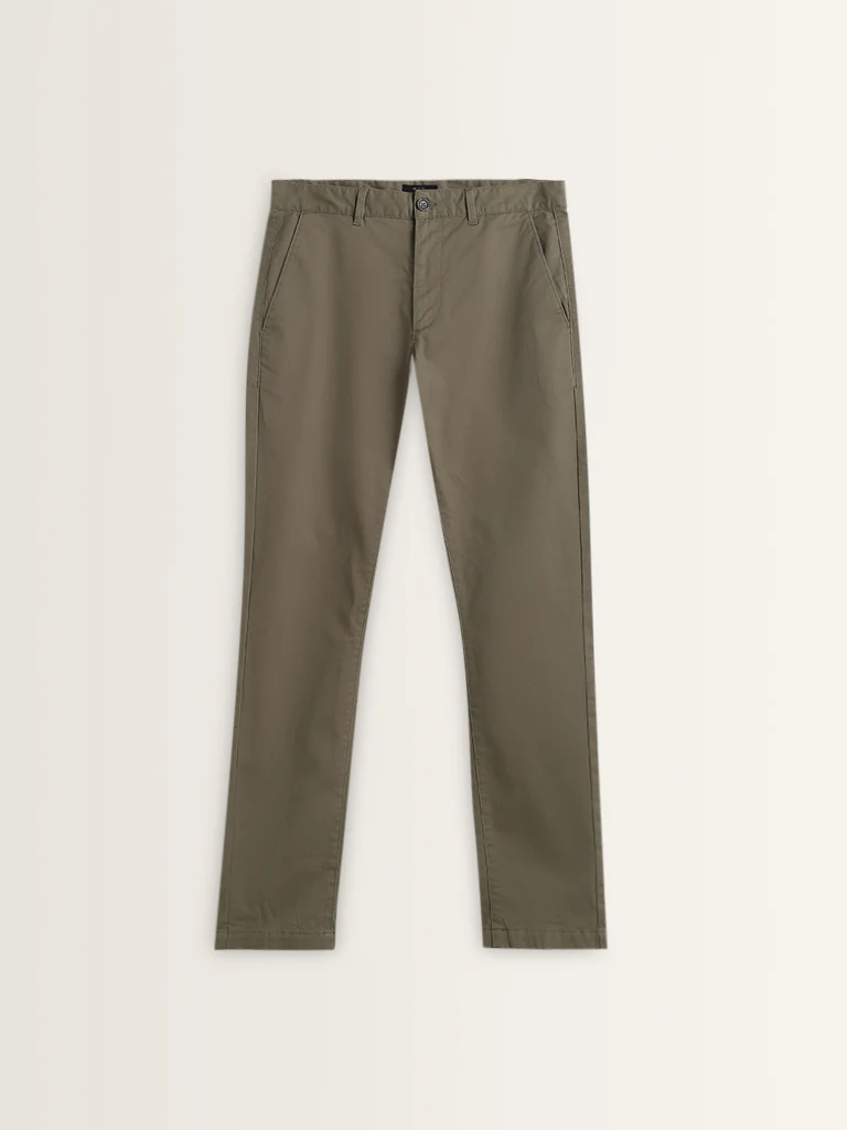 WES Casuals Olive Cotton-Blend Slim Fit Mid Rise Chinos - Image 6