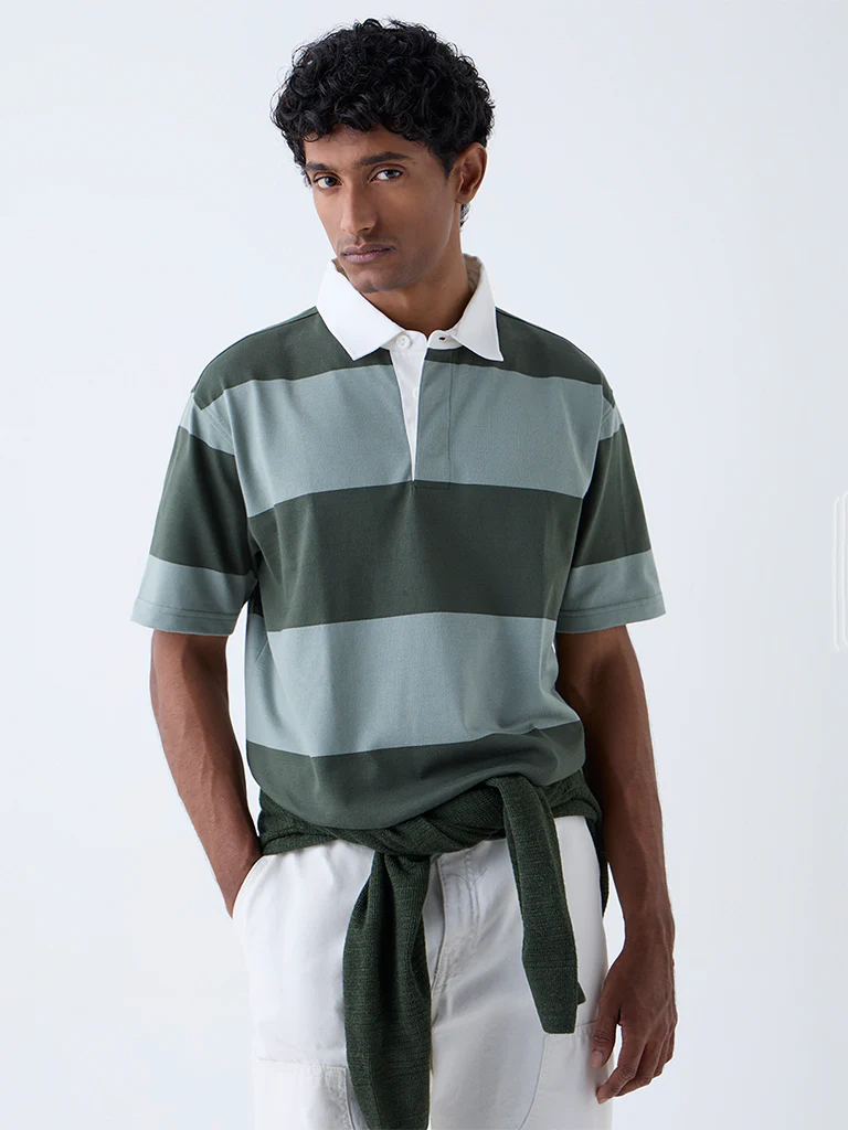 WES Casuals Olive Relaxed Fit Cotton-Blend Polo T-Shirt