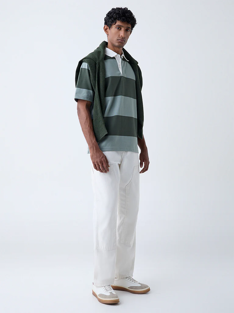 WES Casuals Olive Relaxed Fit Cotton-Blend Polo T-Shirt - Image 3