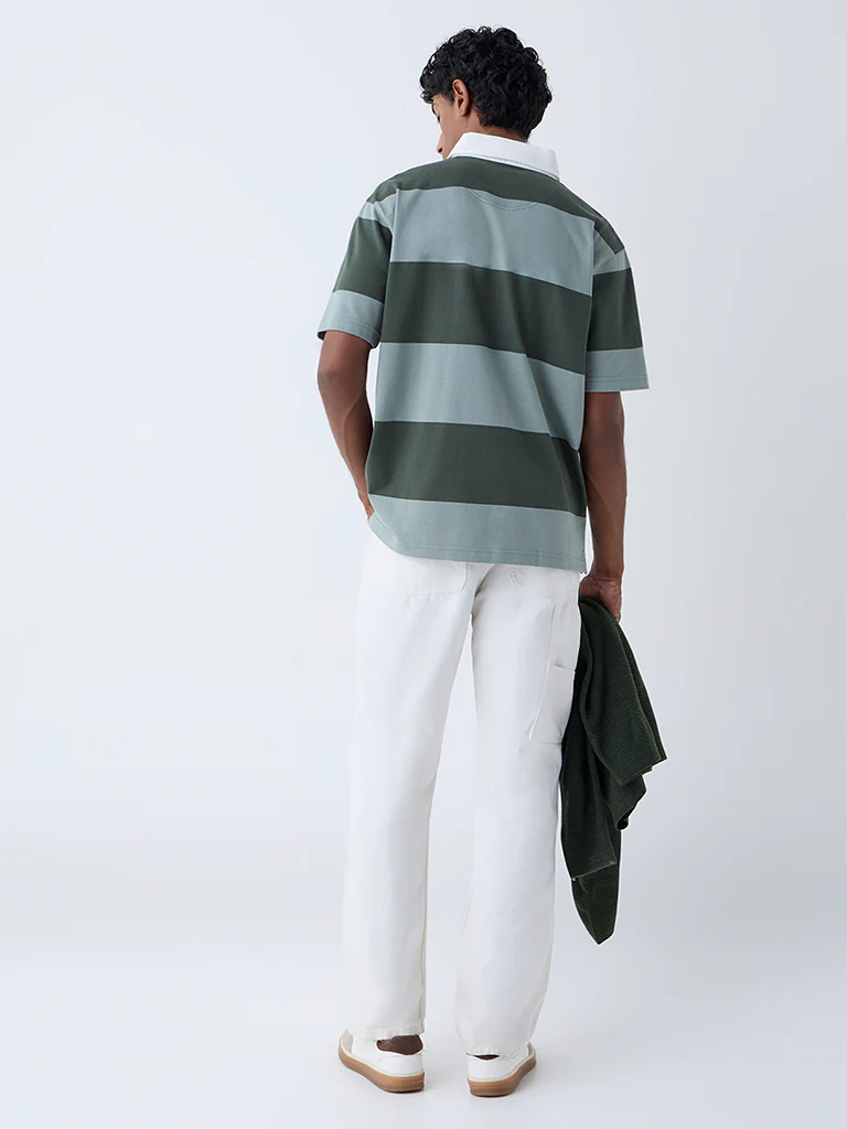 WES Casuals Olive Relaxed Fit Cotton-Blend Polo T-Shirt - Image 5