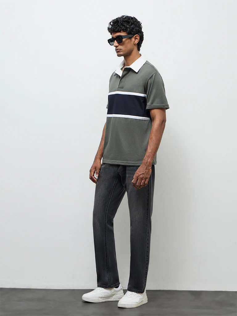 WES Casuals Olive Relaxed-Fit Cotton-Blend Polo T-Shirt - Image 3