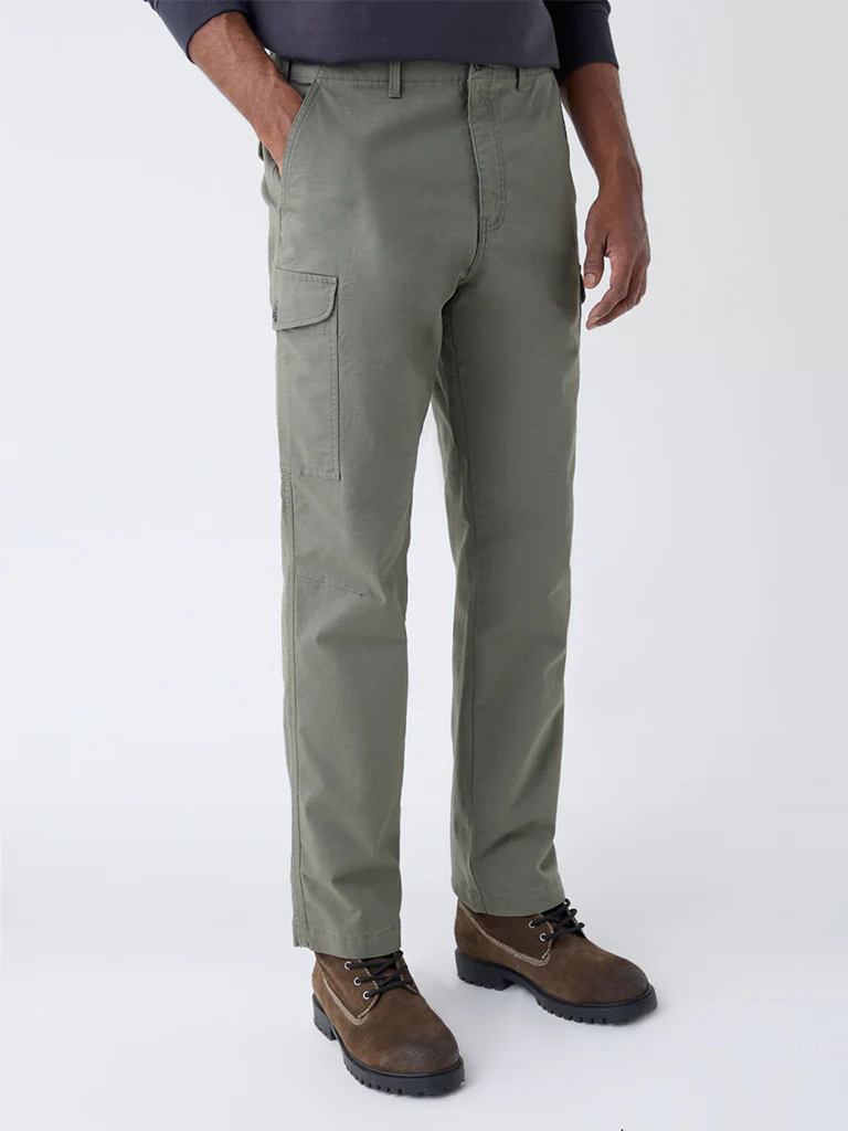 WES Casuals Olive Relaxed-Fit Cotton Trousers - Image 3
