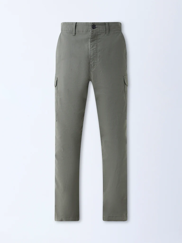 WES Casuals Olive Relaxed-Fit Cotton Trousers - Image 6