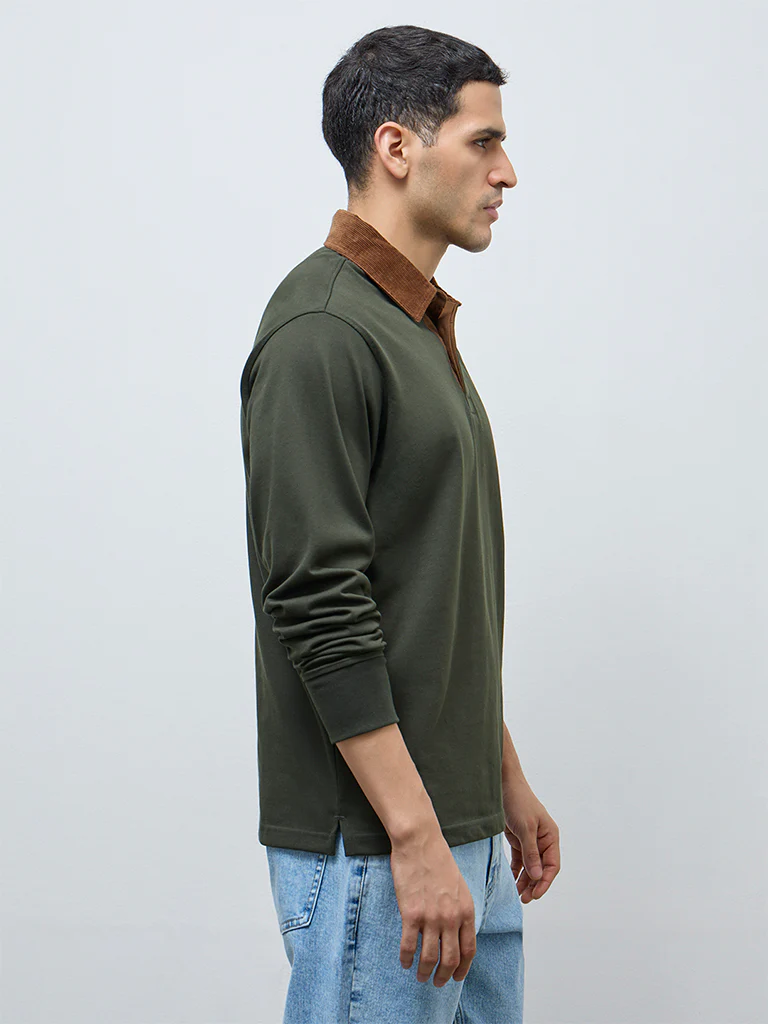 WES Casuals Olive Solid Relaxed-Fit Cotton Polo T-Shirt - Image 3