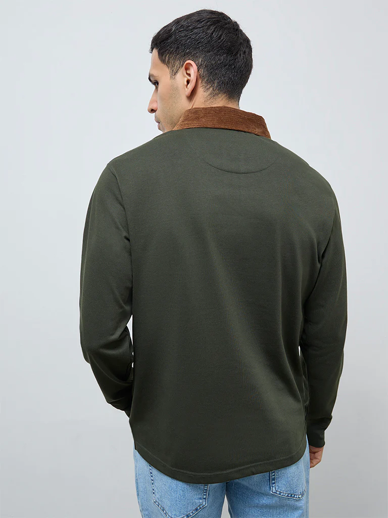 WES Casuals Olive Solid Relaxed-Fit Cotton Polo T-Shirt - Image 5