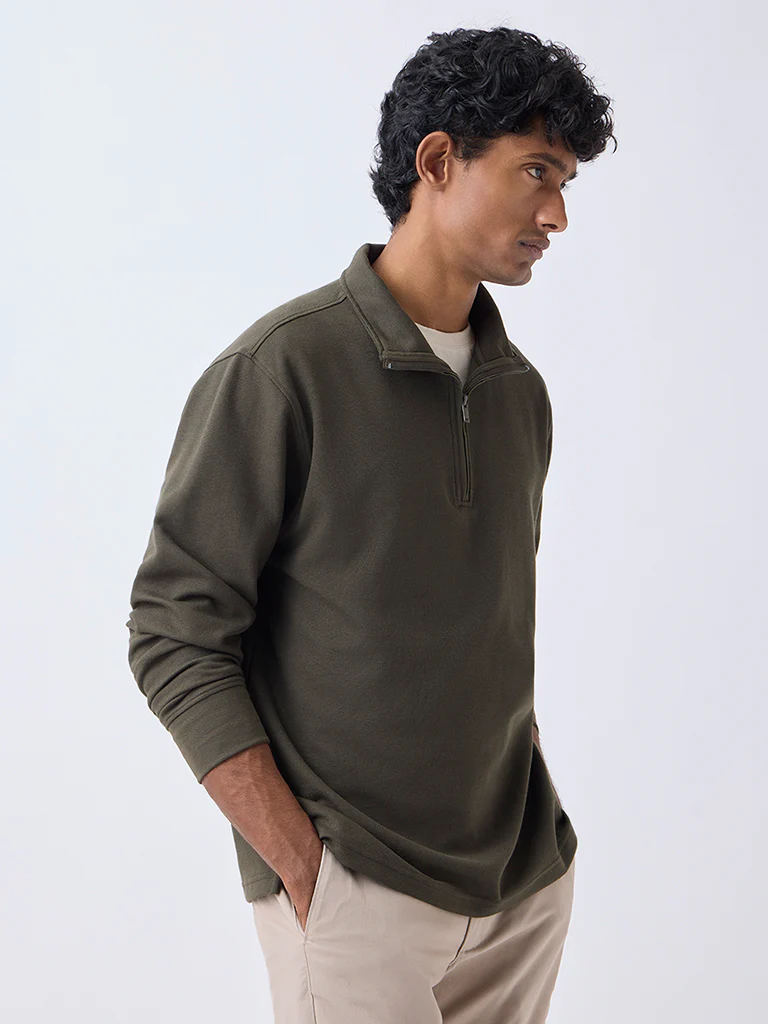 WES Casuals Olive Solid Relaxed-Fit Quarter-Zip Cotton-Blend Sweatshirt - Image 3