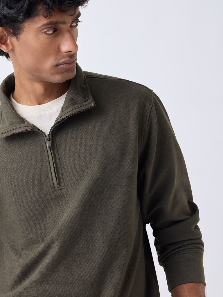 WES Casuals Olive Solid Relaxed-Fit Quarter-Zip Cotton-Blend Sweatshirt - Image 4