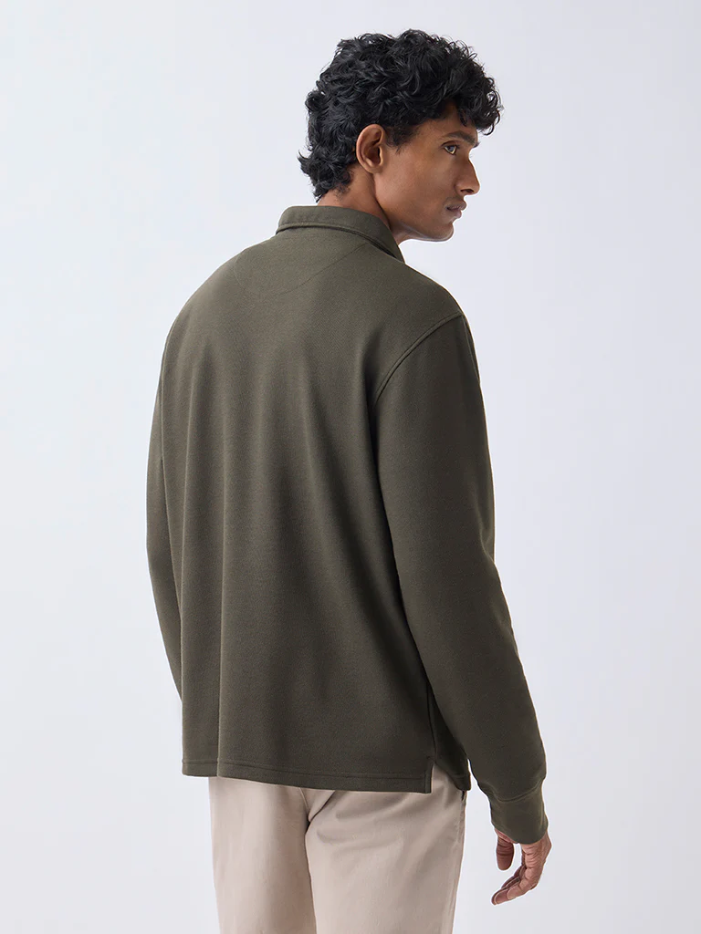 WES Casuals Olive Solid Relaxed-Fit Quarter-Zip Cotton-Blend Sweatshirt - Image 5