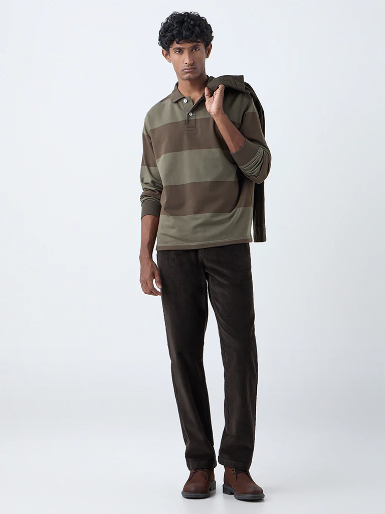 WES Casuals Olive Striped Relaxed Fit Cotton-Blend Polo T-Shirt - Image 3